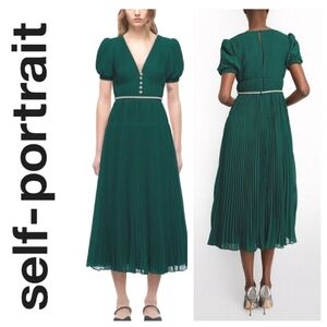 Self-Portrait Deep Green Chiffon Pleated Midi Dress Sz 10-12